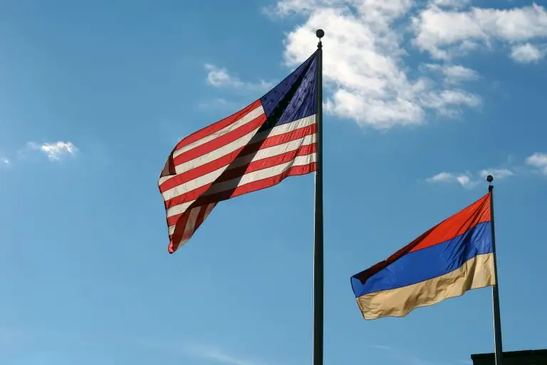 American and Armenian Flags on Sunny Day